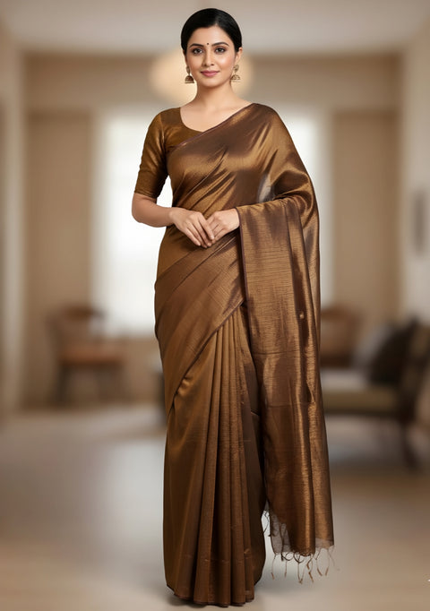 Elegant Plain Tissue Saree with Subtle Shine - Brown Color