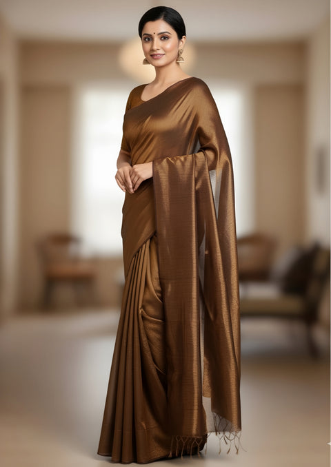 Elegant Plain Tissue Saree with Subtle Shine - Brown Color