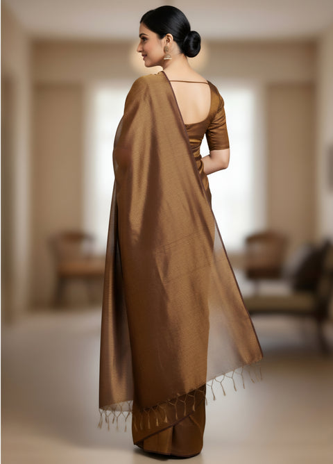 Elegant Plain Tissue Saree with Subtle Shine - Brown Color