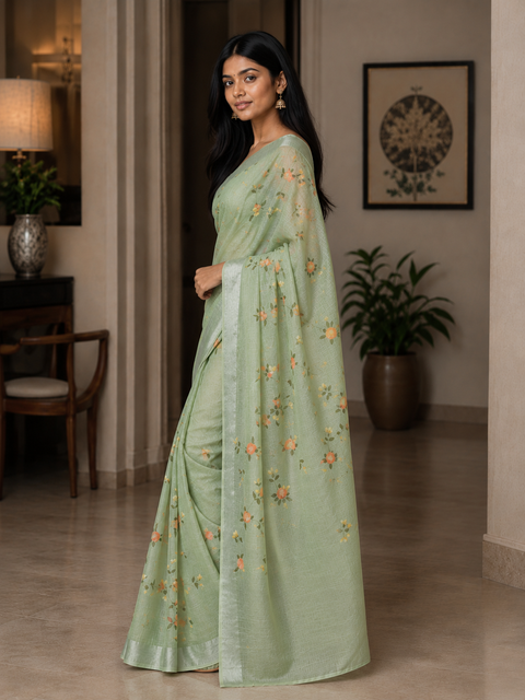 Hand Painted Kota Saree - Green Color