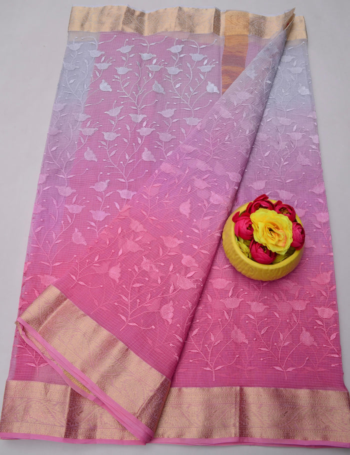 Rajasthani Kota Doria Saree with All-Over Embroidery – Pure Cotton & Lightweight - Pink & Grey Combination