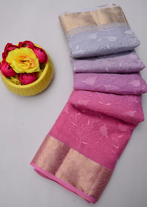 Folded view of Rajasthani Kota Doria Saree in Pink & Grey showcasing intricate embroidery.