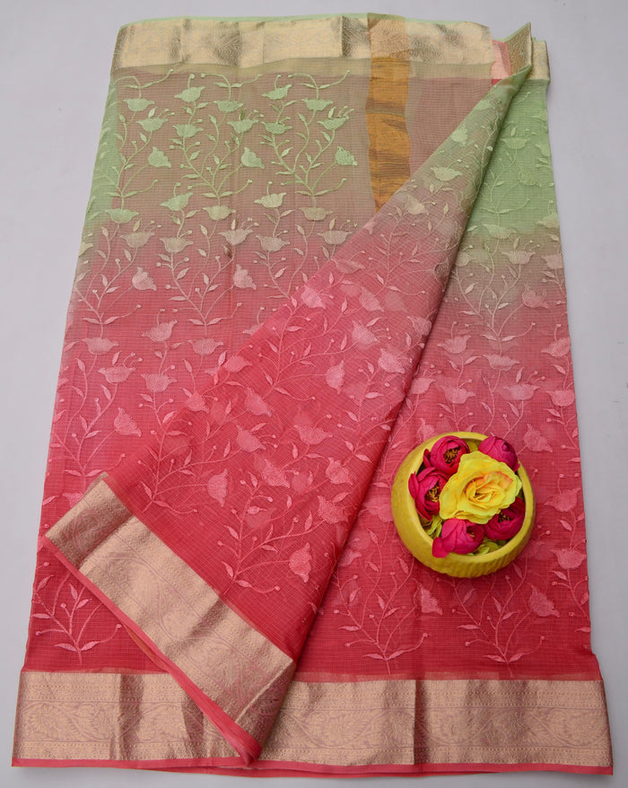 Rajasthani Kota Doria Saree with All-Over Embroidery – Pure Cotton & Lightweight - Red & Green Combination