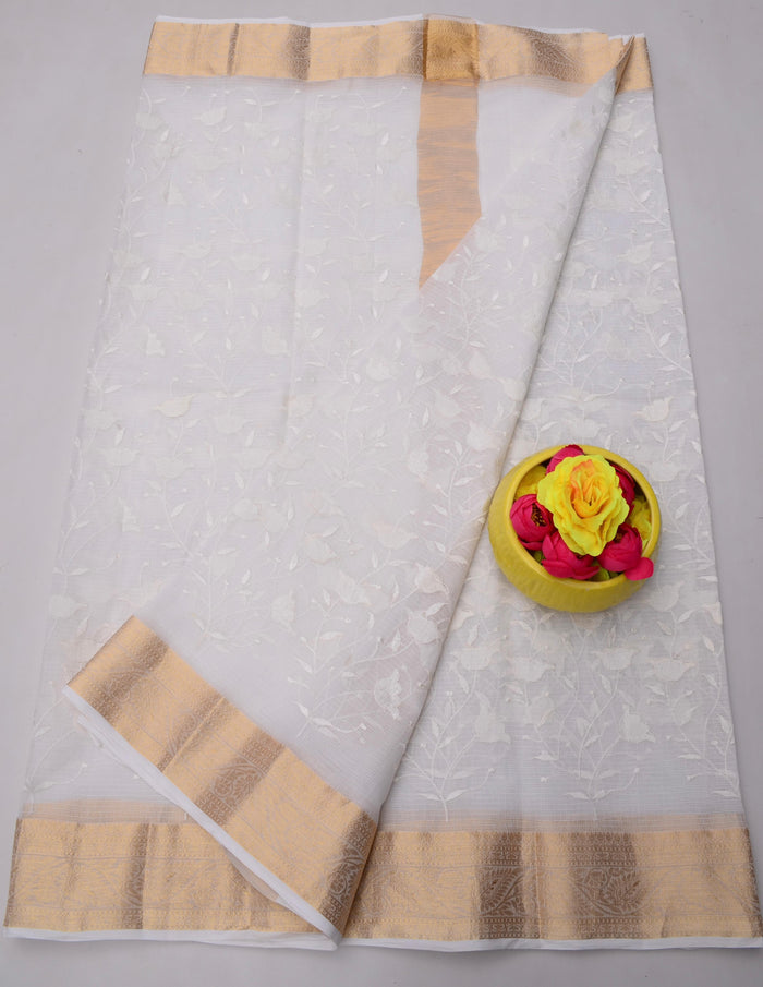 Rajasthani Kota Doria Saree with All-Over Embroidery – Pure Cotton & Lightweight - White Color