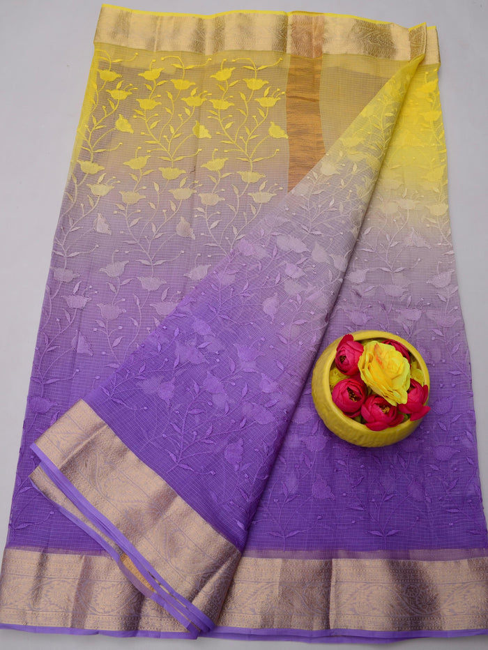 Rajasthani Kota Doria Saree with All-Over Embroidery – Pure Cotton & Lightweight - Yellow & Purple Combination