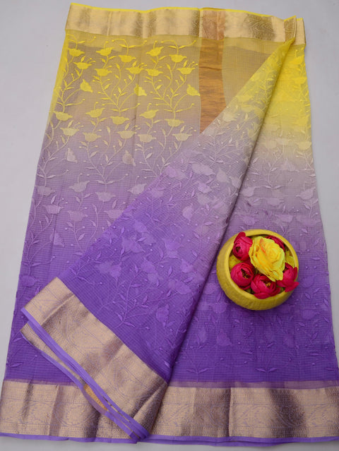 Yellow and Purple color Kota Embroidered Saree with Golden Border.