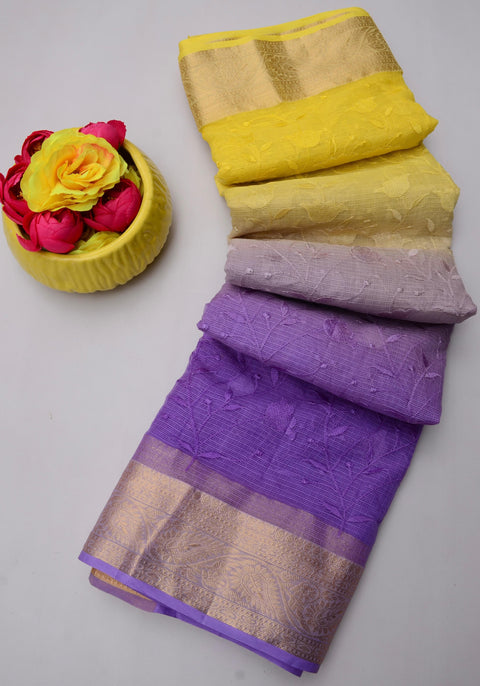 Folded view of Kota Cotton Saree showcasing intricate embroidery in Yellow & Purple color saree.
