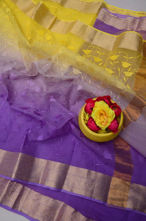 Rajasthani Kota Doria Saree with All-Over Embroidery – Pure Cotton & Lightweight - Yellow & Purple Combination