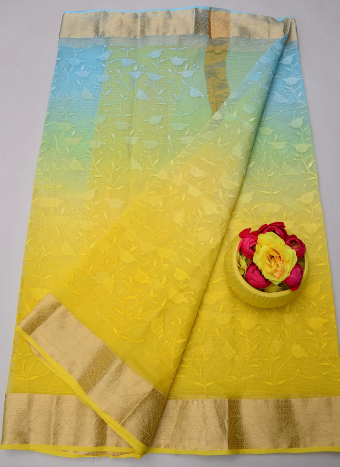 Rajasthani Kota Doria Saree with All-Over Embroidery – Pure Cotton & Lightweight - Yellow Sky Blue Combination