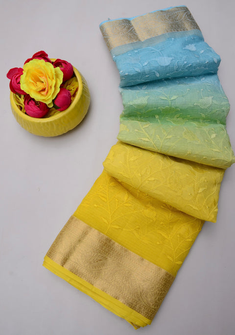 A folded view of the Rajasthani Kota Doria Saree showcases intricate embroidery.