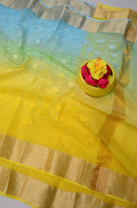 Rajasthani Kota Doria Saree with All-Over Embroidery – Pure Cotton & Lightweight - Yellow Sky Blue Combination