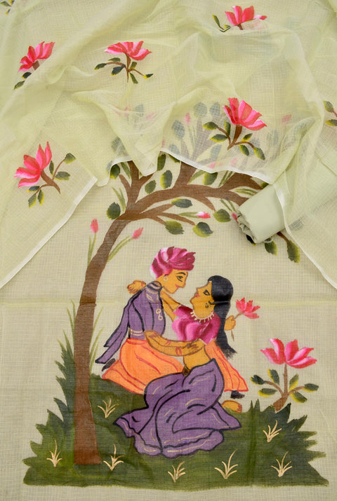 Close-up of hand-painted motifs on the yellow Kota Doria suit featuring traditional Rajasthani artwork.
