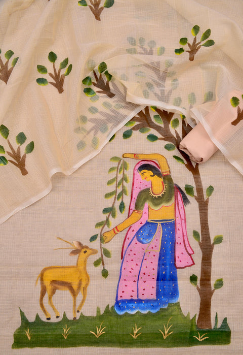  Full view of beige Rajasthani Kota Hand Painted Suit with hand-painted designs and a matching dupatta.