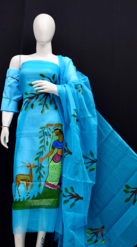 Rajasthani Kota Hand Painted Suit displayed on a mannequin, showcasing intricate blue hand-painted designs.