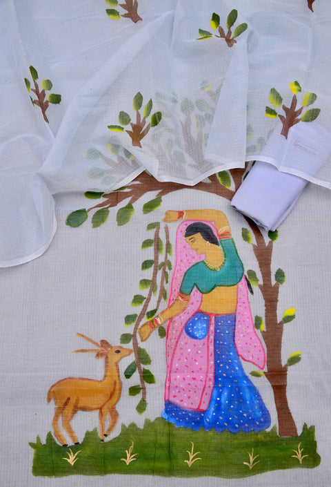 Full view of Rajasthani Kota Hand Painted Suit with nature-inspired patterns.