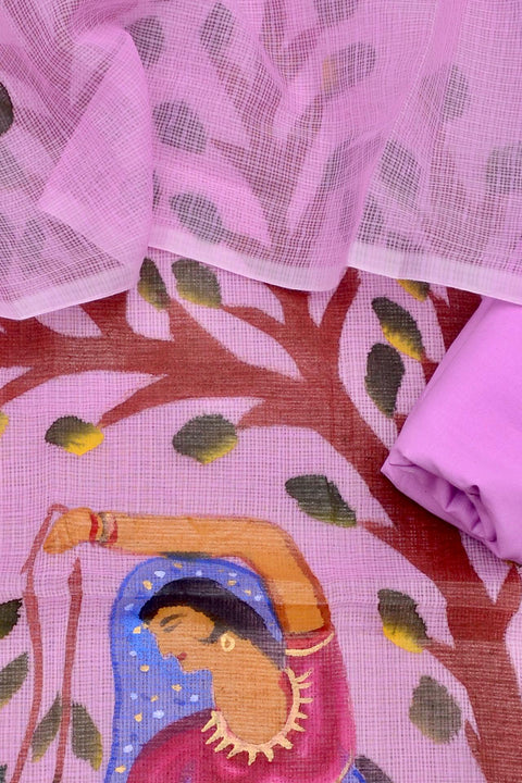 Close-up of lavender Rajasthani Kota Hand Painted Suit with intricate hand-painted motifs.