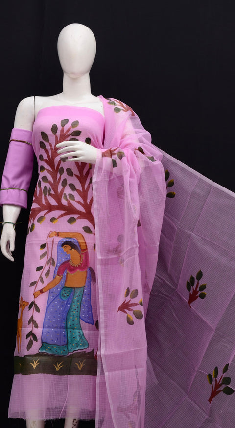 Rajasthani Kota Hand Painted Suit in lavender displayed on a mannequin, highlighting its serene color and craftsmanship.