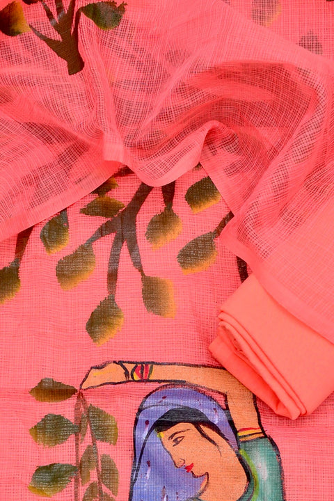 Close-up of red Rajasthani Kota Hand Painted Suit with intricate nature-inspired motifs.