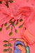 Close-up of red Rajasthani Kota Hand Painted Suit with intricate nature-inspired motifs.