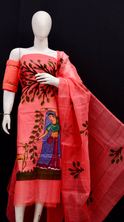 Rajasthani Kota Hand Painted Suit in red displayed on a mannequin, highlighting its bold color and fine craftsmanship.