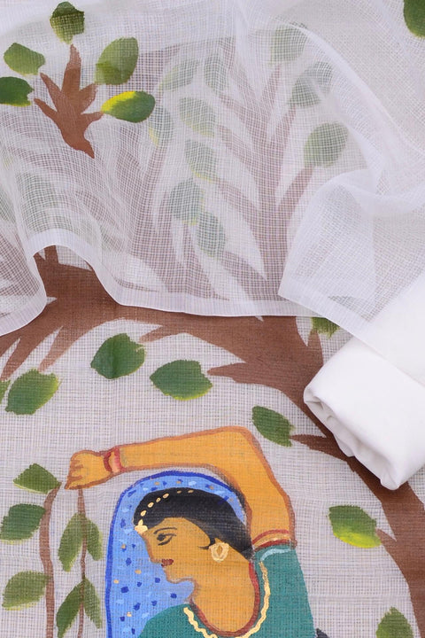 Close-up of white Rajasthani Kota Hand Painted Suit with intricate multicolor motifs.