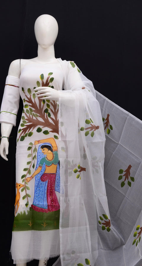  White Kota Hand Painted Suit displayed on a mannequin, highlighting the elegant patterns.