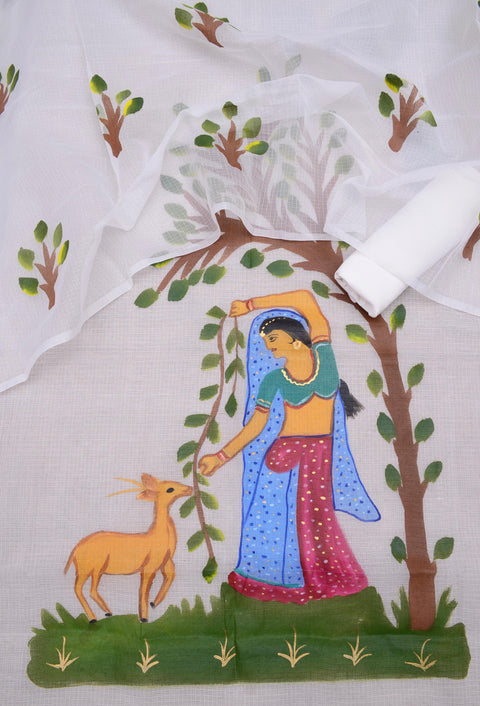 Full view of Rajasthani Kota Hand Painted Suit in white, showcasing hand-painted nature-inspired designs.