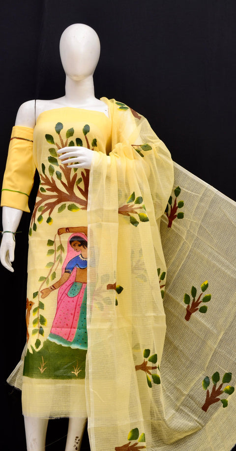 Rajasthani Kota Hand Painted Suit in yellow displayed on a mannequin, showcasing its cheerful color and craftsmanship