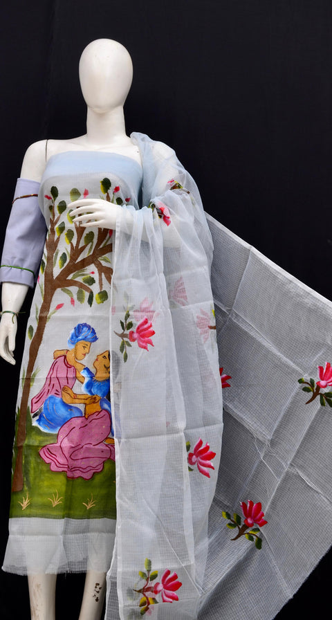 Elegant grey Kota Doria hand-painted suit with floral and artistic designs, perfect for festivals and casual wear.