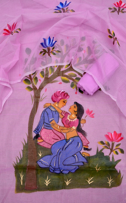 Close-up view of hand-painted floral motifs and traditional artwork on lavender Kota Doria fabric, highlighting intricate detailing and soft hues.