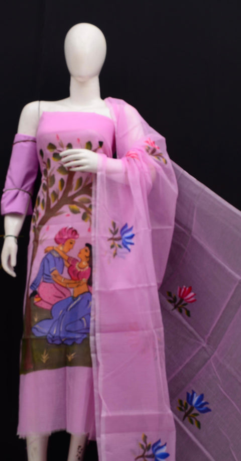  Lavender Rajasthani Kota Hand Painted Suit with floral patterns and traditional artwork.