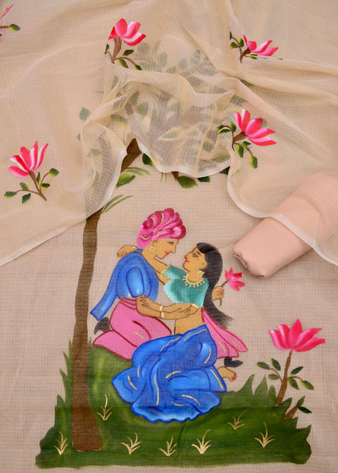 Intricate hand-painted floral and romantic designs on pale rose Kota Doria fabric.