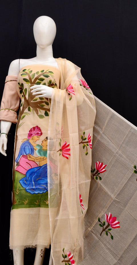 Pale Rose Color Rajasthani Kota Hand-Painted Suit featuring floral motifs and romantic artwork.