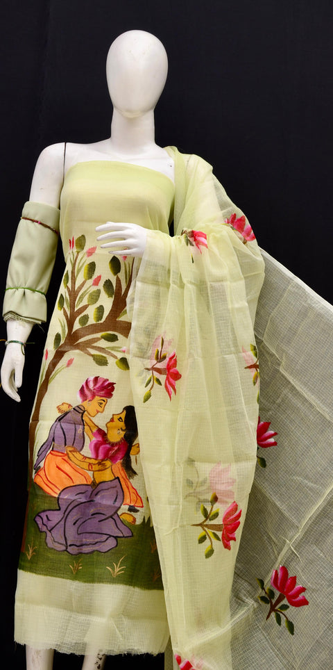 Rajasthani Kota Hand-Painted Suit in vibrant yellow with floral and romantic motifs.