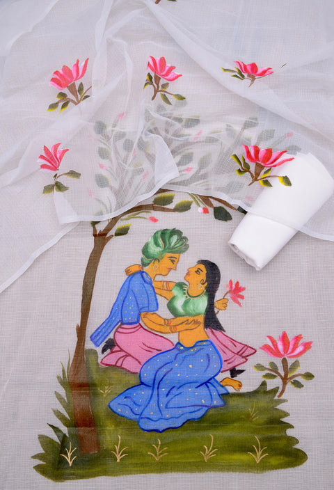 Close-up of the intricate hand-painted design on the white Kota Doria fabric.