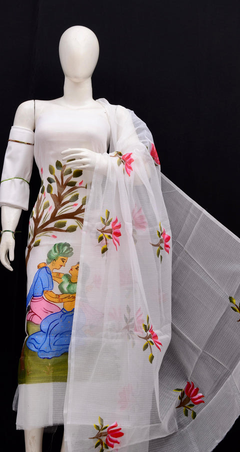 Full view of the Kota Doria suit set featuring hand-painted dupatta and unstitched top and bottom fabric.