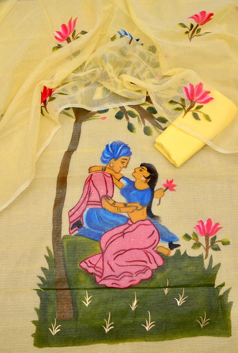 Detailed view of the hand-painted motifs on the Kota Doria fabric suit.