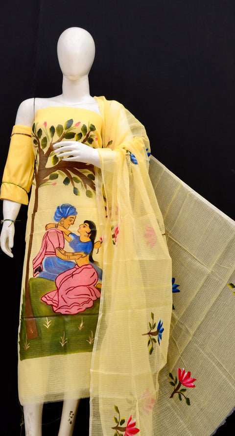 Rajasthani Kota Hand Painted Suit Design in Yellow with hand-painted artwork on the top and dupatta.