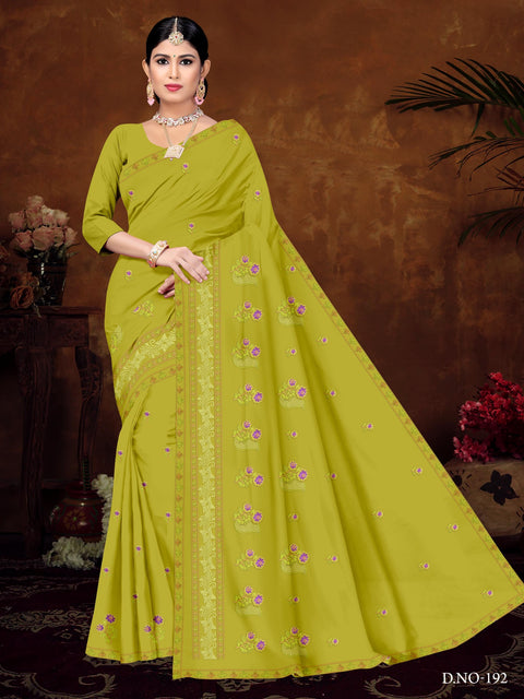 Sindhu Pure Cotton Embroidered Saree - Olive Color