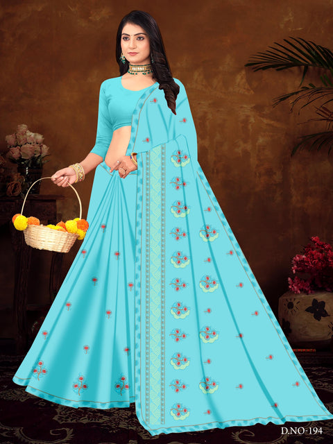 Sindhu Pure Cotton Embroidered Saree - Blue Color