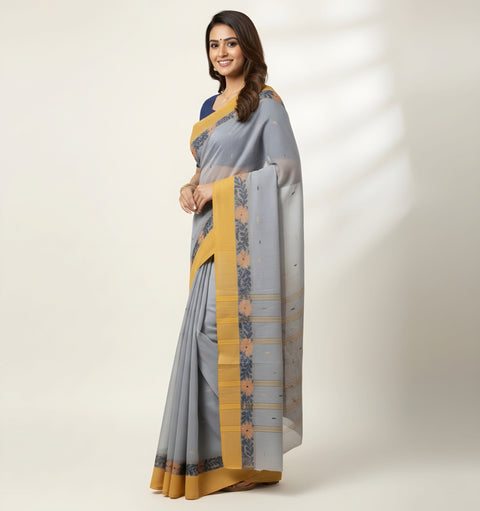 Cotton Bengal Tant Saree Without Blouse Piece - Grey Colour