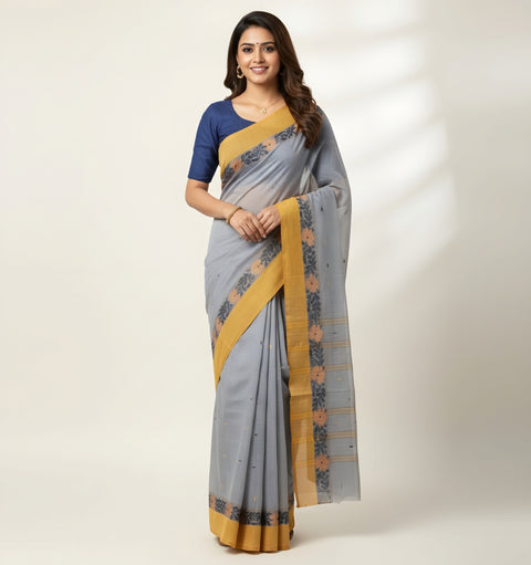 Cotton Bengal Tant Saree Without Blouse Piece - Grey Colour