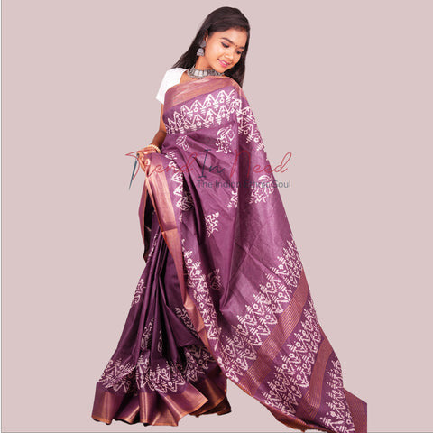 Batik Printed Cotton Silk Saree - Purple Colour