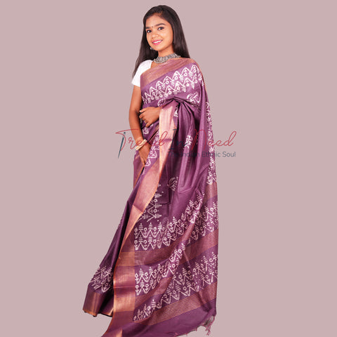 Batik Printed Cotton Silk Saree - Purple Colour