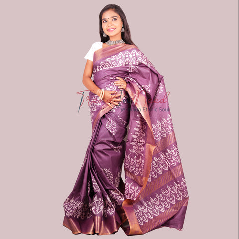 Batik Printed Cotton Silk Saree - Purple Colour