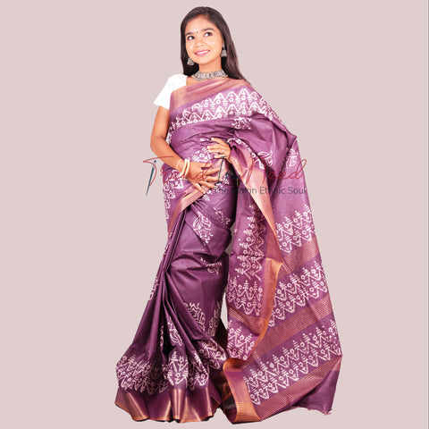Batik Printed Cotton Silk Saree - Purple Colour
