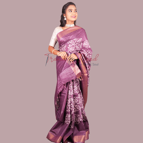 Batik Printed Cotton Silk Saree - Purple Color