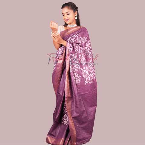 Batik Printed Cotton Silk Saree - Purple Color
