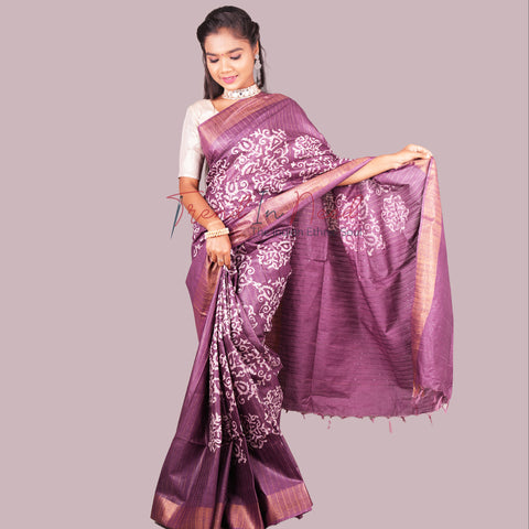Batik Printed Cotton Silk Saree - Purple Color