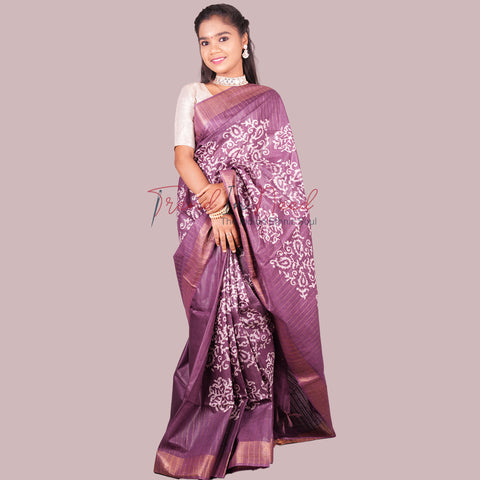Batik Printed Cotton Silk Saree - Purple Color
